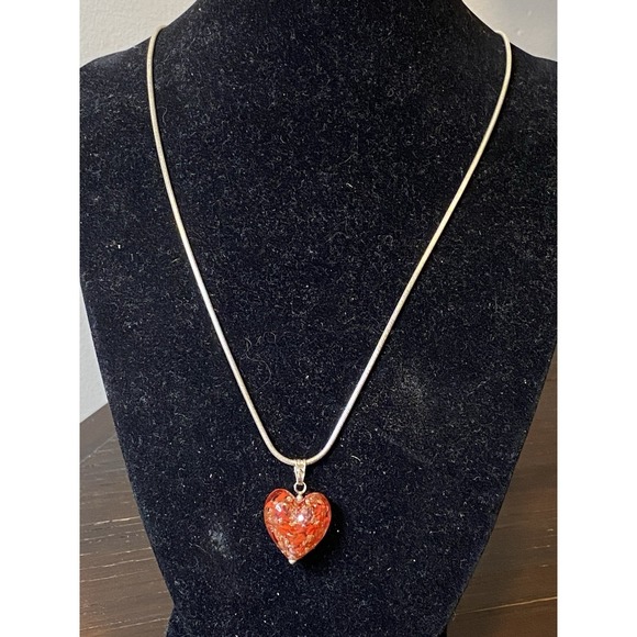 The Unbranded Brand Jewelry - Sterling Silver 18" Snake Chain Red Gold Murano Glass Millefiori Heart Pendant